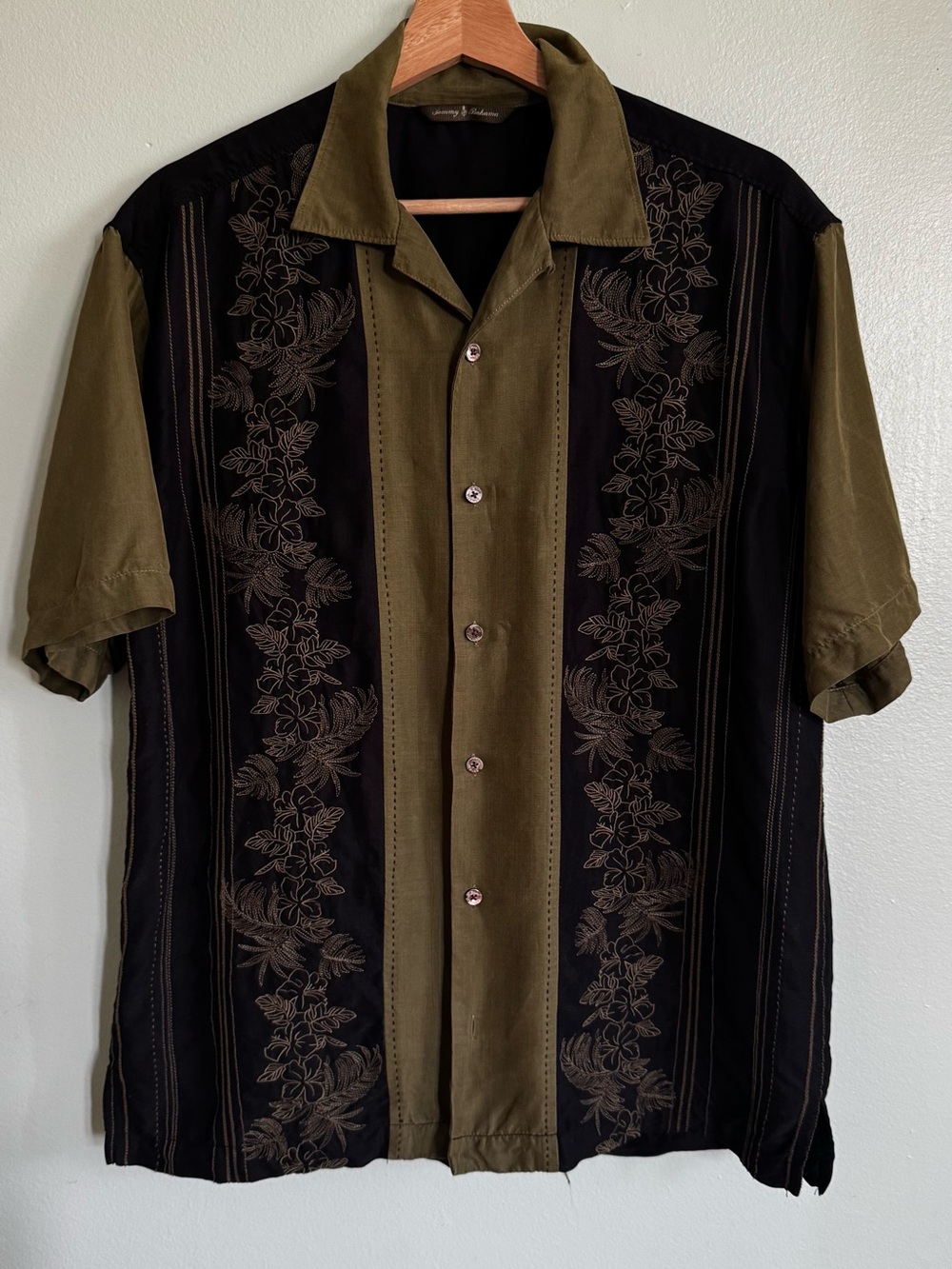 Tommy Bahama Olive Green and Black Floral Embroidered Camp Shirt